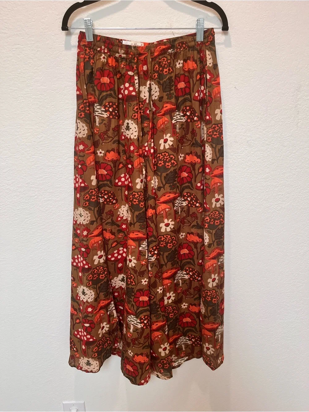 Fall Festive Wide-Leg Pants in Brown and Red Floral/Orange Mushroom Pattern